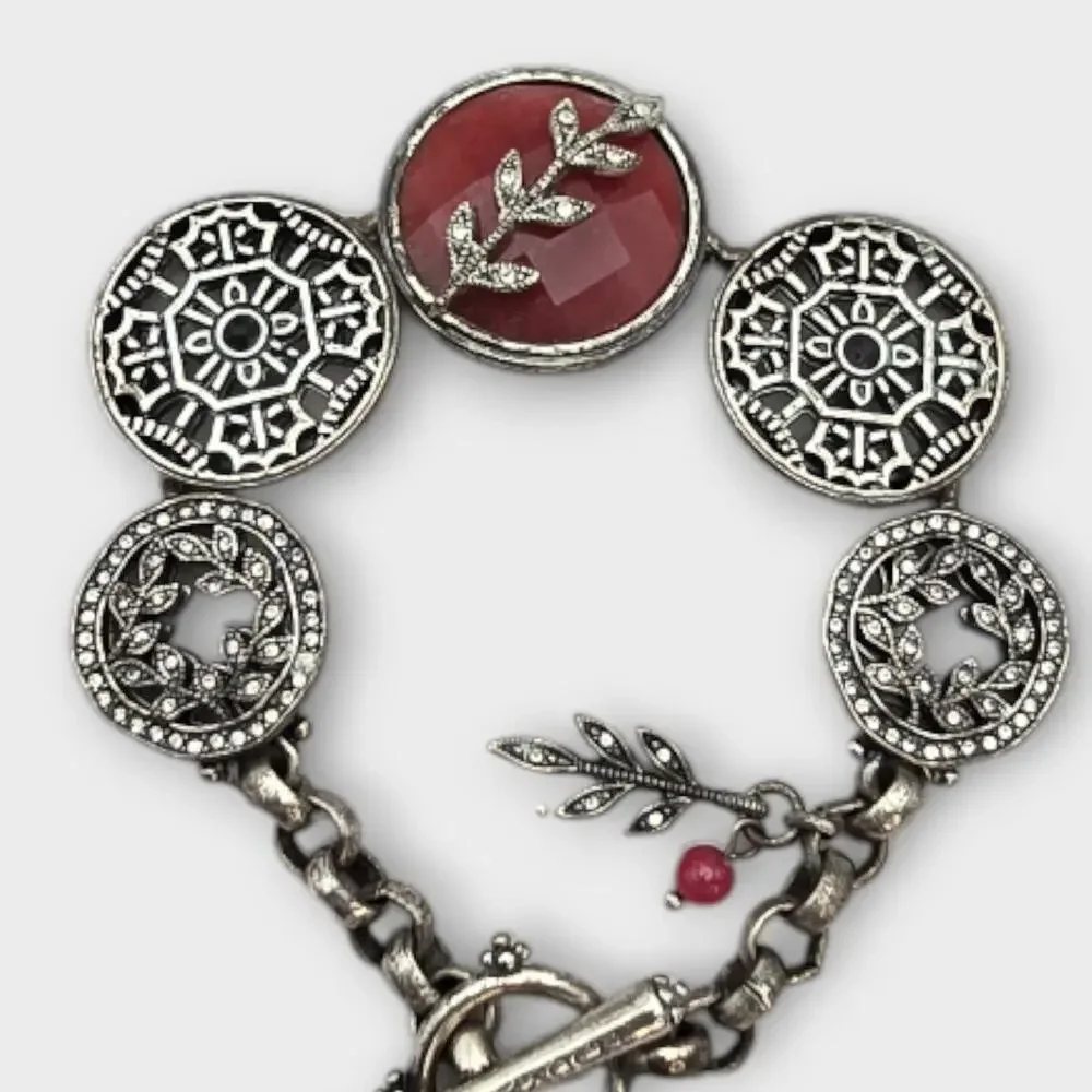 Lucky Brand Red Stone Medallion Bracelet – Rustic Boho Silver Tone